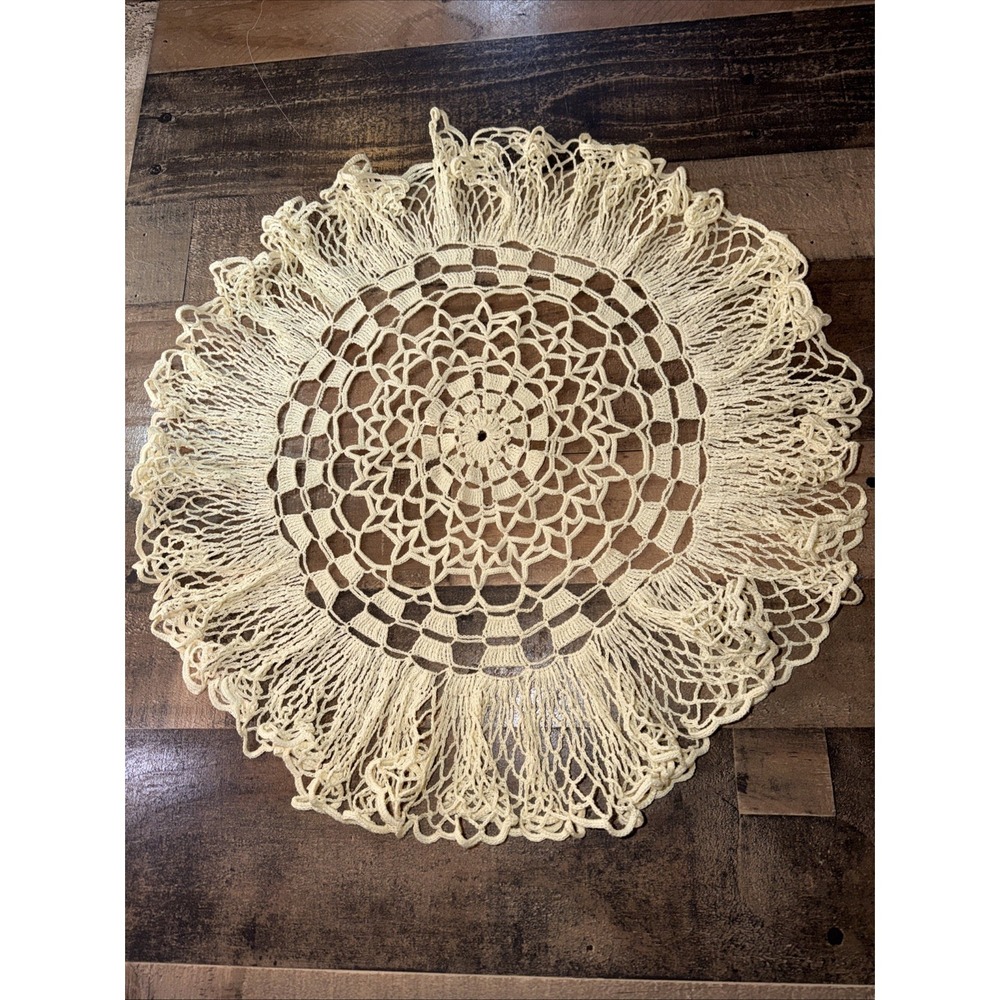 Vtg 20" Hand Crochet Doily Cream Round Lace Ruffled Shabby Chic Table Toppe